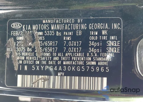 2019 Kia Sorento 2.4L L z USA, uszkodzony, nr VIN 5XYPG4A30KG575965